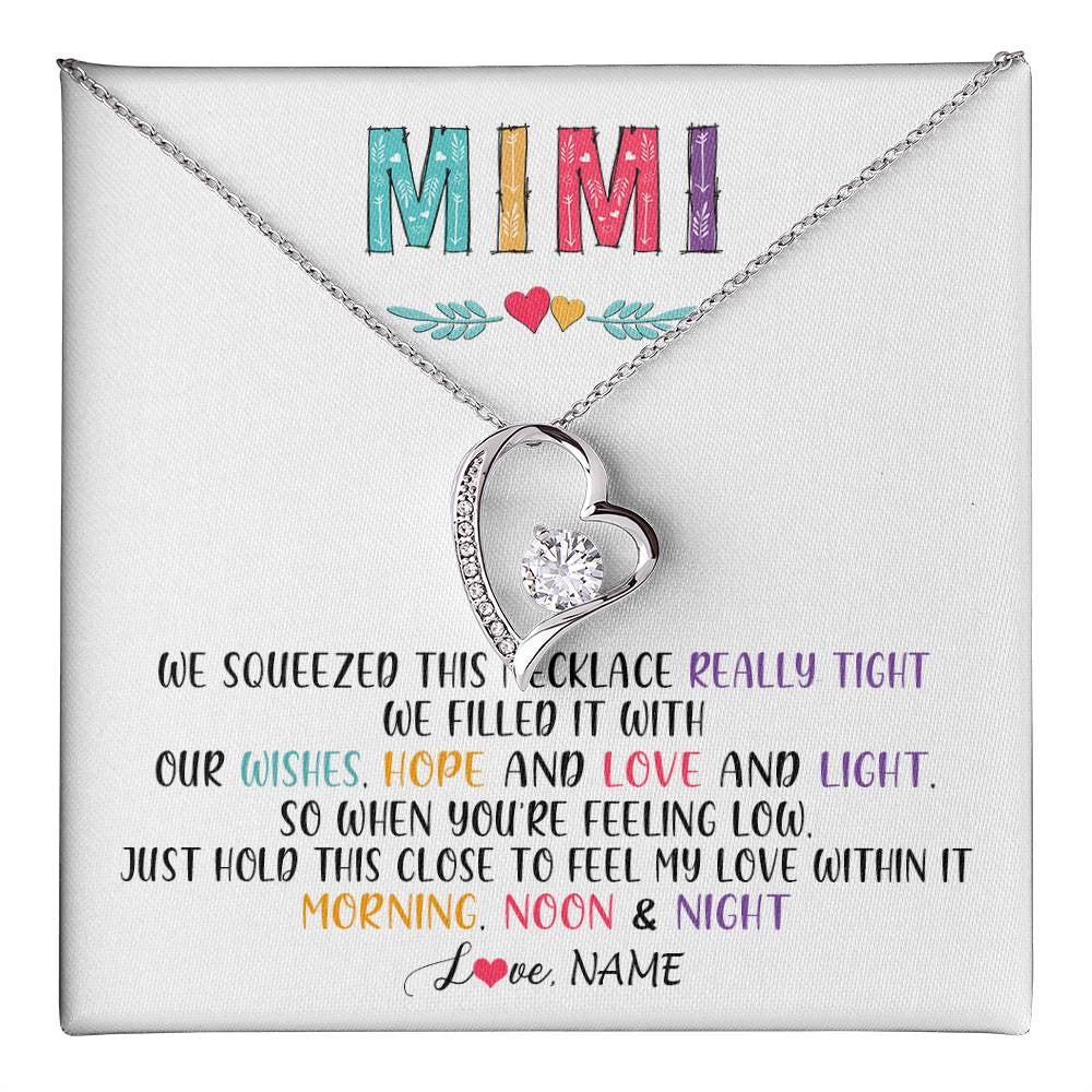 Forever Love Necklace 14K White Gold Finish | 1 | Personalized To My Mimi Necklace From Grandkids Granddaughter We Squeezed This Necklace Mimi Birthday Mothers Day Christmas Customized Gift Box Message Card | teecentury