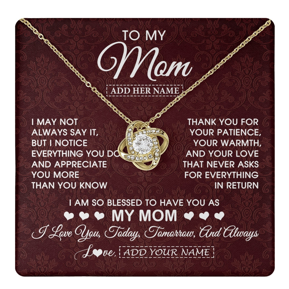 Love Knot Necklace 18K Yellow Gold Finish | 1 | Personalized To My Mom Gifts From Daughter Son Necklace Meaningful Jewelry Pendant Gifts For Mom Mothers Day Birthday Christmas Custom Gift Box Message Card | https://teecentury.