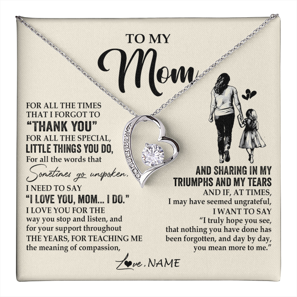 Forever Love Necklace 14K White Gold Finish | 1 | Personalized To My Mom Necklace From Daughter For All The Times That I Forgot To Thank You Mom Birthday Mothers Day Christmas Customized Gift Box Message Card | teecentury