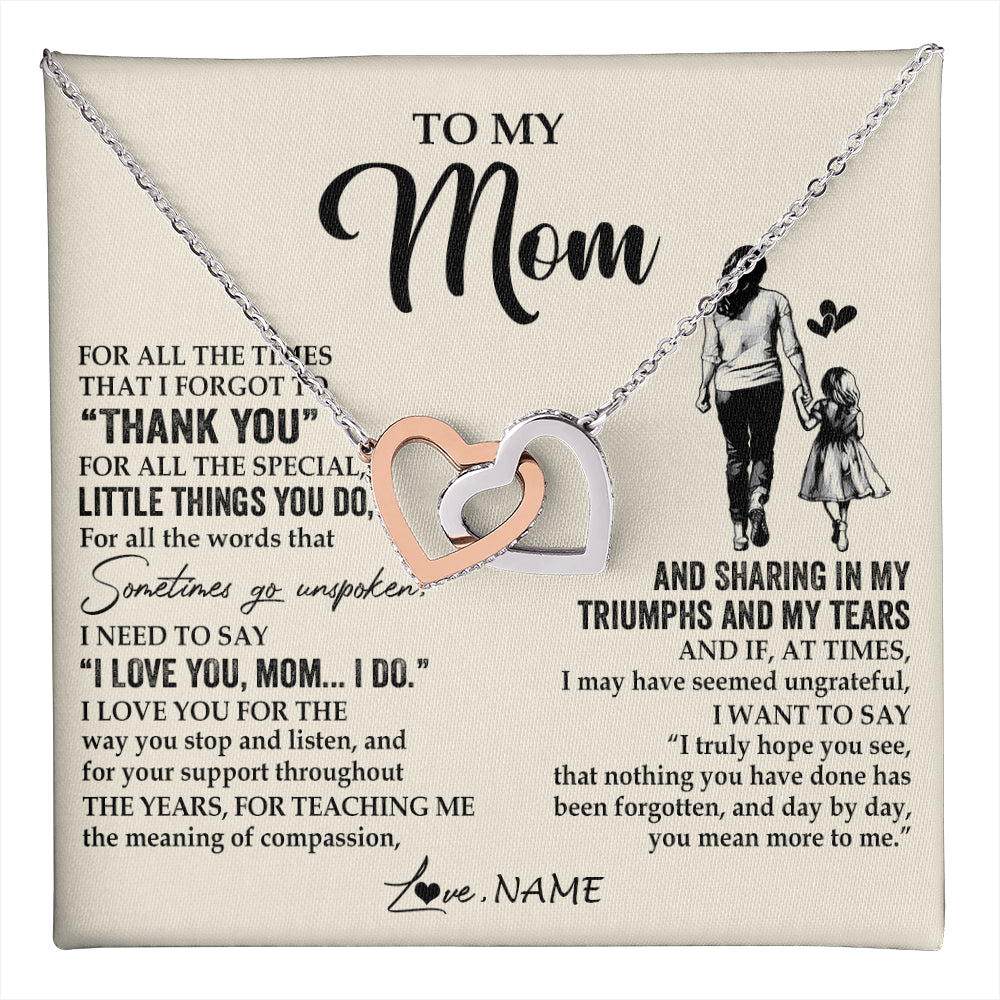 Interlocking Hearts Necklace Stainless Steel & Rose Gold Finish | 1 | Personalized To My Mom Necklace From Daughter For All The Times That I Forgot To Thank You Mom Birthday Mothers Day Christmas Customized Gift Box Message Card | teecentury