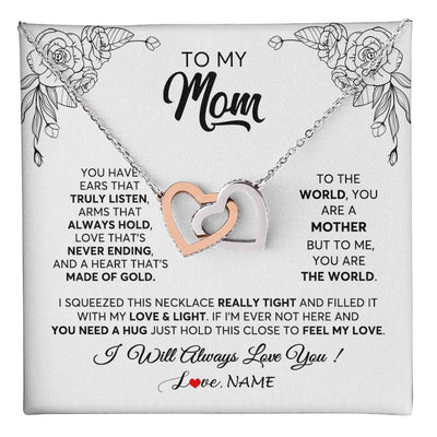 Interlocking Hearts Necklace Stainless Steel & Rose Gold Finish | 1 | Personalized To My Mom Necklace From Daughter Son Hold This Close Feel My Love Mom Birthday Mothers Day Christmas Jewelry Customized Gift Box Message Card | teecentury