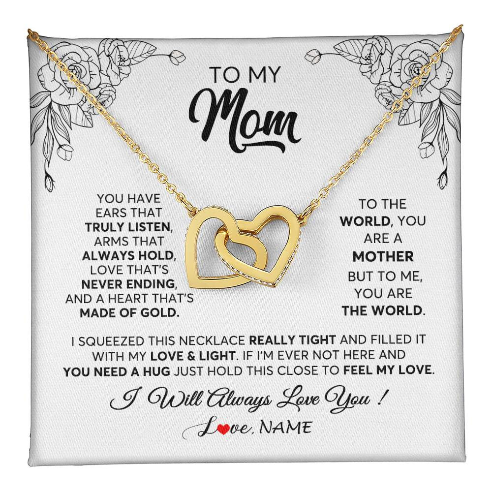 Interlocking Hearts Necklace 18K Yellow Gold Finish | 1 | Personalized To My Mom Necklace From Daughter Son Hold This Close Feel My Love Mom Birthday Mothers Day Christmas Jewelry Customized Gift Box Message Card | teecentury