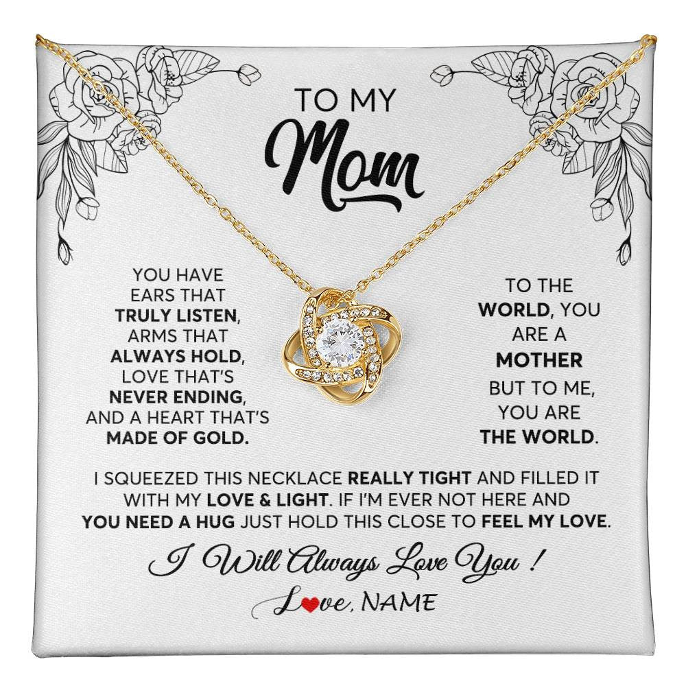 Love Knot Necklace 18K Yellow Gold Finish | 1 | Personalized To My Mom Necklace From Daughter Son Hold This Close Feel My Love Mom Birthday Mothers Day Christmas Jewelry Customized Gift Box Message Card | teecentury