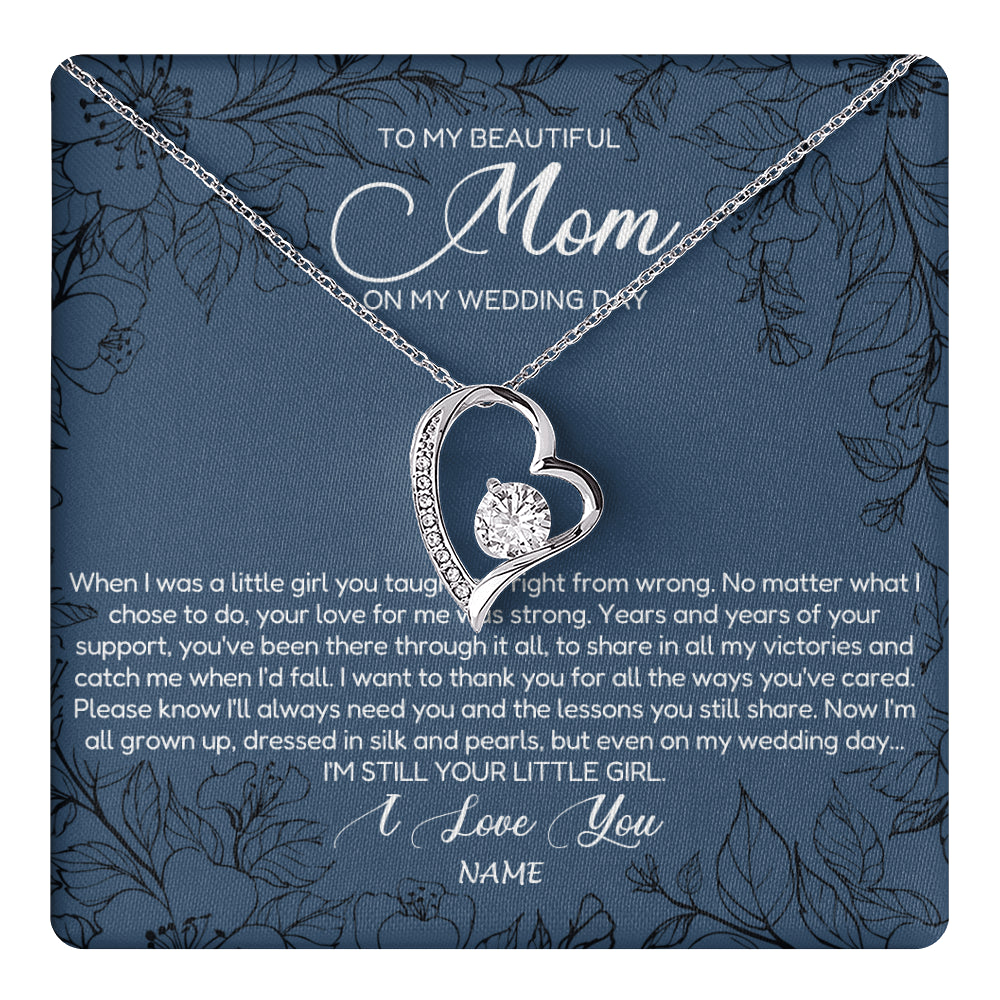 Forever Love Necklace 14K White Gold Finish | 1 | Personalized To My Mom Necklace From Daughter Wedding Day Your Little Daughter Mother of the Bride Mom of Bride Pendant Jewelry Gift Box Message Card | teecentury