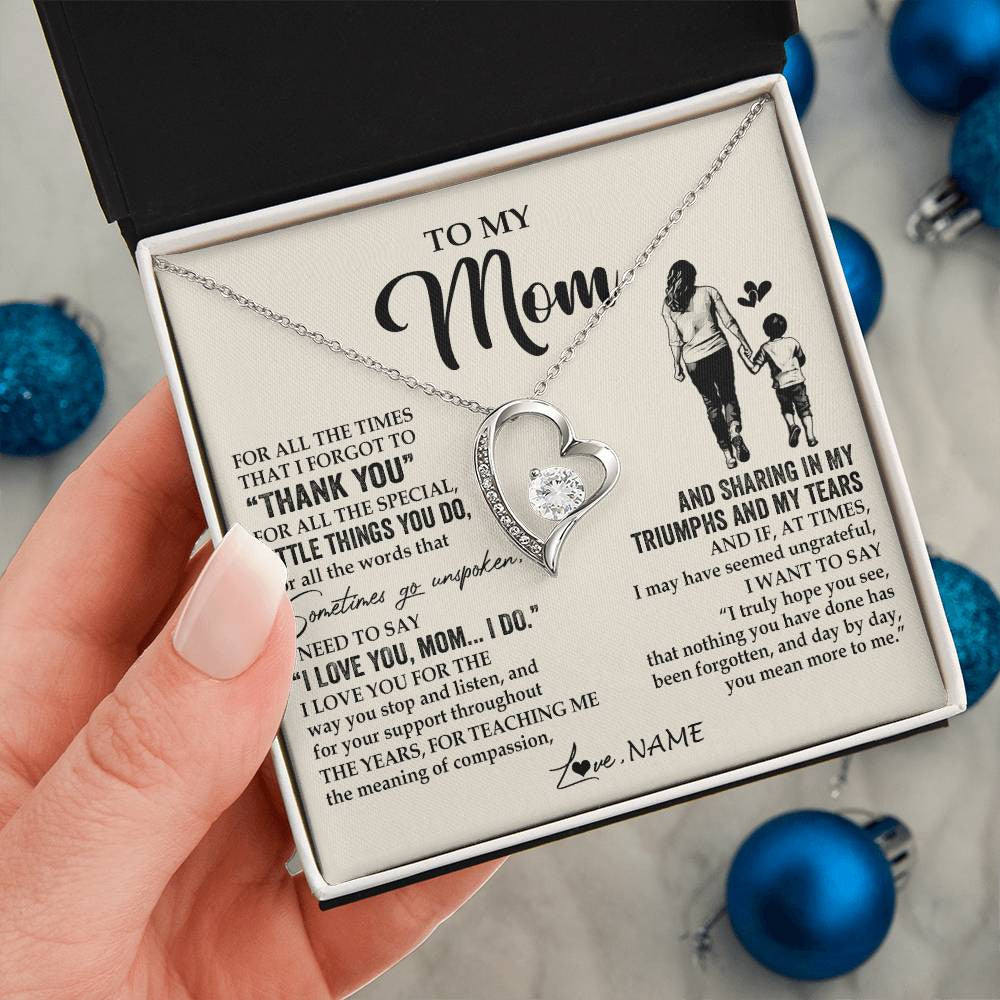 Forever Love Necklace 14K White Gold Finish | 2 | Personalized To My Mom Necklace From Son For All The Times That I Forgot To Thank You Mom Birthday Mothers Day Christmas Customized Gift Box Message Card | teecentury