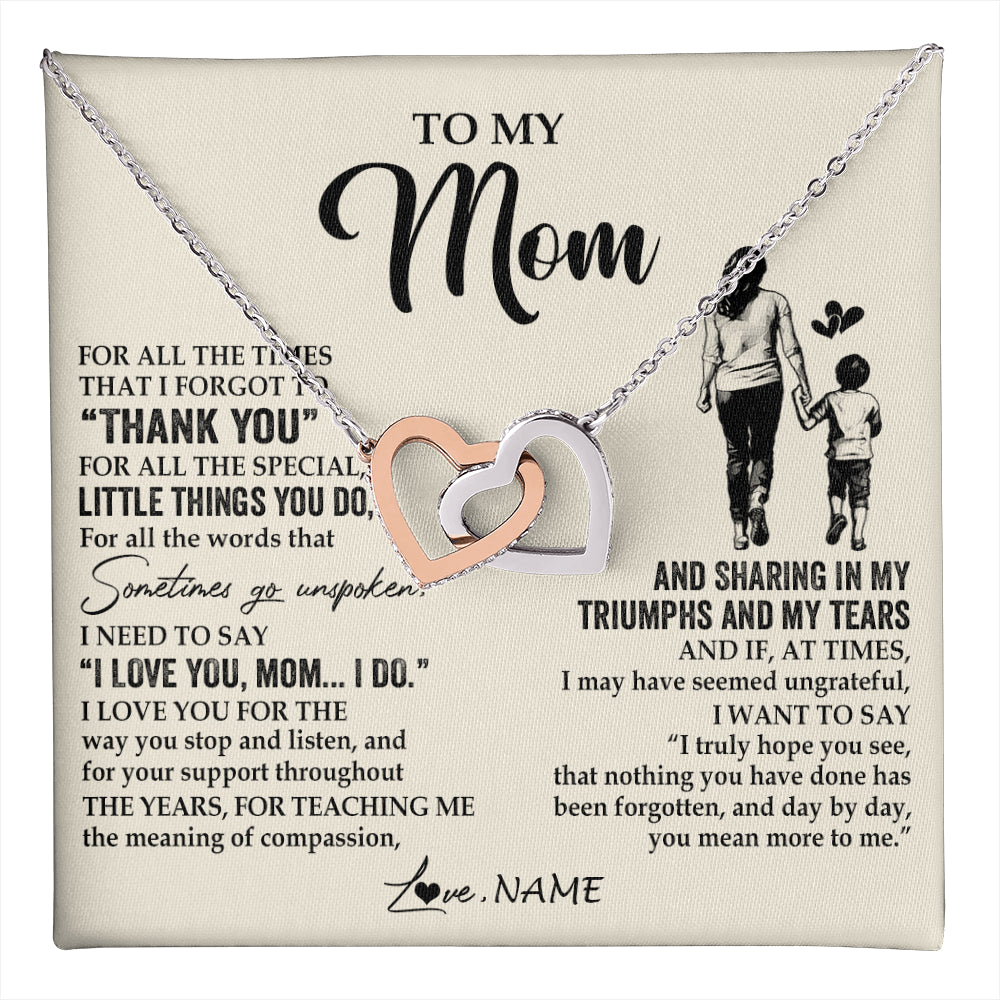 Interlocking Hearts Necklace Stainless Steel & Rose Gold Finish | 1 | Personalized To My Mom Necklace From Son For All The Times That I Forgot To Thank You Mom Birthday Mothers Day Christmas Customized Gift Box Message Card | teecentury