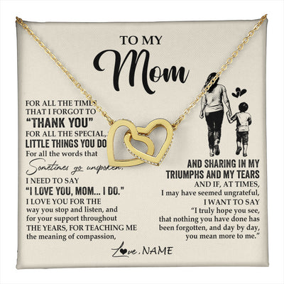 Interlocking Hearts Necklace 18K Yellow Gold Finish | 1 | Personalized To My Mom Necklace From Son For All The Times That I Forgot To Thank You Mom Birthday Mothers Day Christmas Customized Gift Box Message Card | teecentury