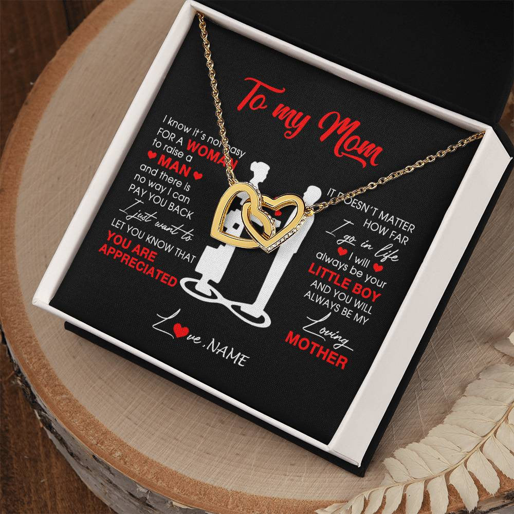 Interlocking Hearts Necklace 18K Yellow Gold Finish | Personalized To My Mom Necklace From Son Little Boy Always Be My Loving Mother Birthday Mothers Day Christmas Pendant Jewelry Customized Gift Box Message Card | teecentury