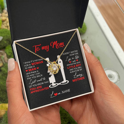 Love Knot Necklace 18K Yellow Gold Finish | Personalized To My Mom Necklace From Son Little Boy Always Be My Loving Mother Birthday Mothers Day Christmas Pendant Jewelry Customized Gift Box Message Card | teecentury