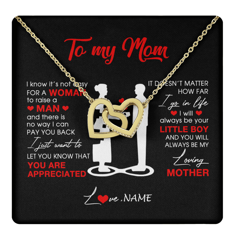 Interlocking Hearts Necklace 18K Yellow Gold Finish | 1 | Personalized To My Mom Necklace From Son Little Son Always Be My Loving Mother Birthday Mothers Day Christmas Pendant Jewelry Customized Gift Box Message Card | teecentury