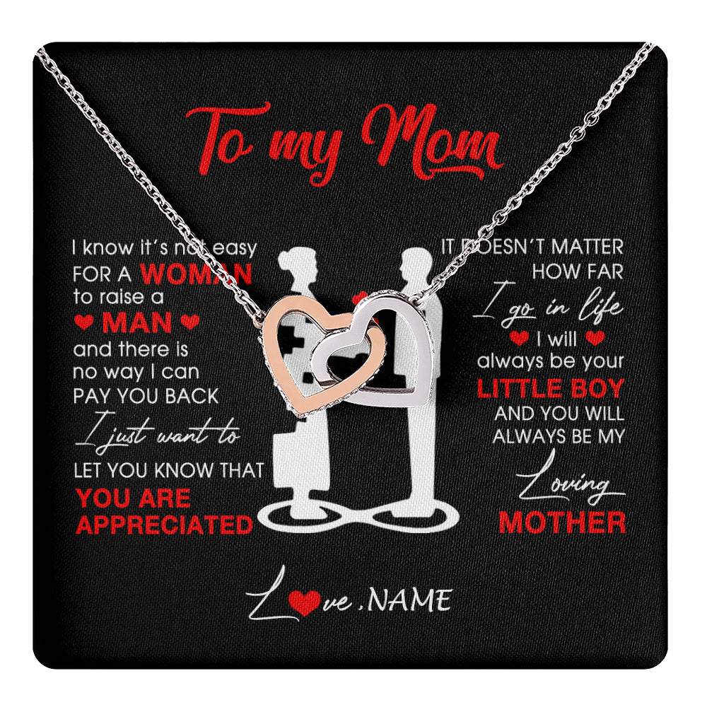 Interlocking Hearts Necklace Stainless Steel & Rose Gold Finish | 1 | Personalized To My Mom Necklace From Son Little Son Always Be My Loving Mother Birthday Mothers Day Christmas Pendant Jewelry Customized Gift Box Message Card | teecentury