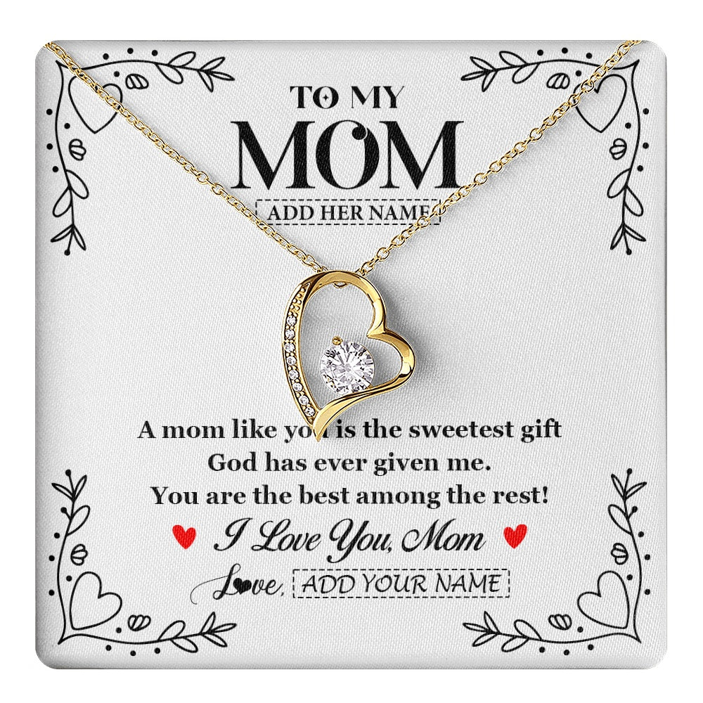 Forever Love Necklace 18K Yellow Gold Finish | 1 | Personalized To My Mom Necklace Gifts From Daughter Son You Are The Sweetest Gift God Gave Me Mom Birthday Mothers Day Christmas Custom Gift Box Message Card | https://teecentury.