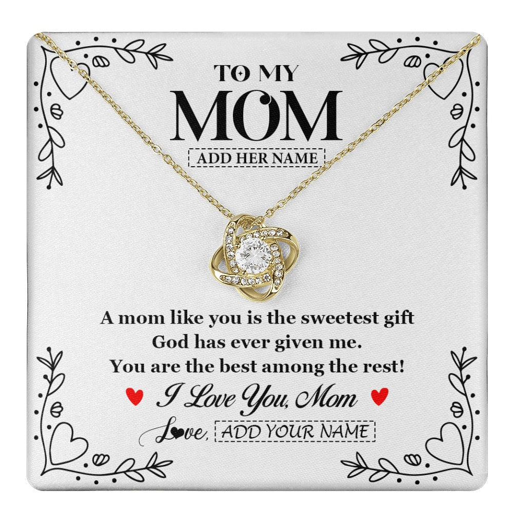 Love Knot Necklace 18K Yellow Gold Finish | 1 | Personalized To My Mom Necklace Gifts From Daughter Son You Are The Sweetest Gift God Gave Me Mom Birthday Mothers Day Christmas Custom Gift Box Message Card | https://teecentury.