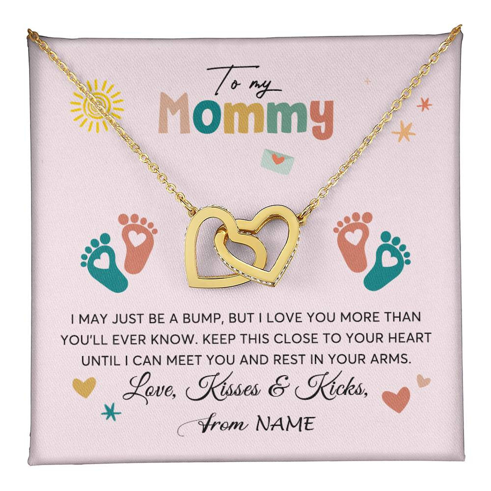 Interlocking Hearts Necklace 18K Yellow Gold Finish | 1 | Personalized To My Mommy From Your Tummy Necklace Unborn Baby Bump Expecting Mom Mommy Pregnant Wife New Mom Mothers Day Customized Gift Box Message Card | teecentury