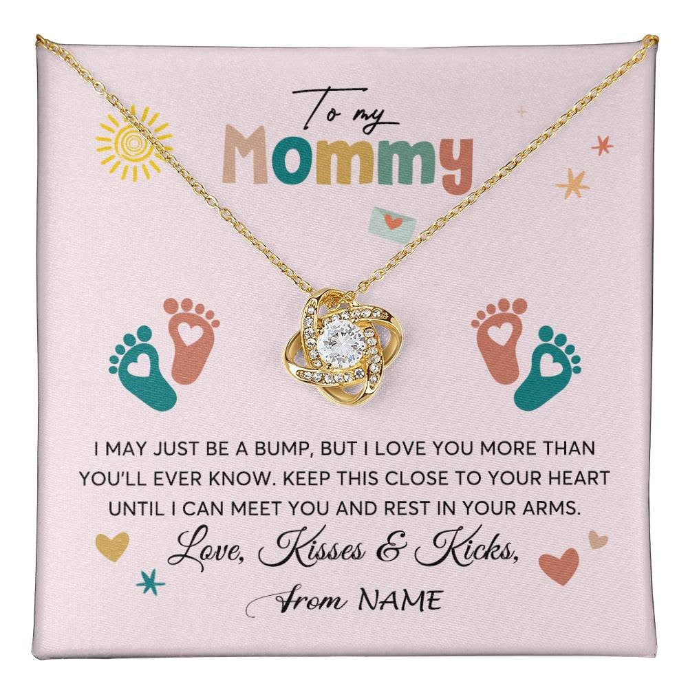 Love Knot Necklace 18K Yellow Gold Finish | 1 | Personalized To My Mommy From Your Tummy Necklace Unborn Baby Bump Expecting Mom Mommy Pregnant Wife New Mom Mothers Day Customized Gift Box Message Card | teecentury