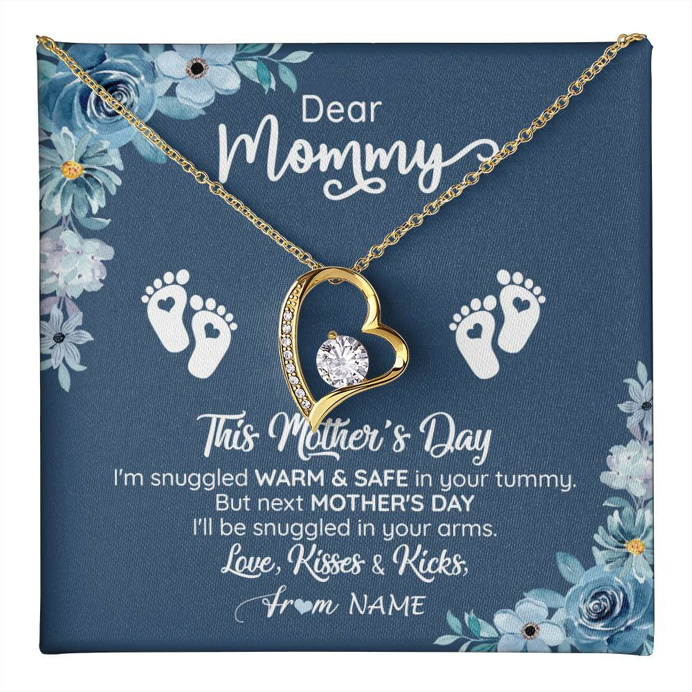 Forever Love Necklace 18K Yellow Gold Finish | 1 | Personalized To My Mommy From Your Tummy Necklace Unborn Baby Bump Expecting Mom Pregnant Wife New Mom Mothers Day Customized Gift Box Message Card | teecentury