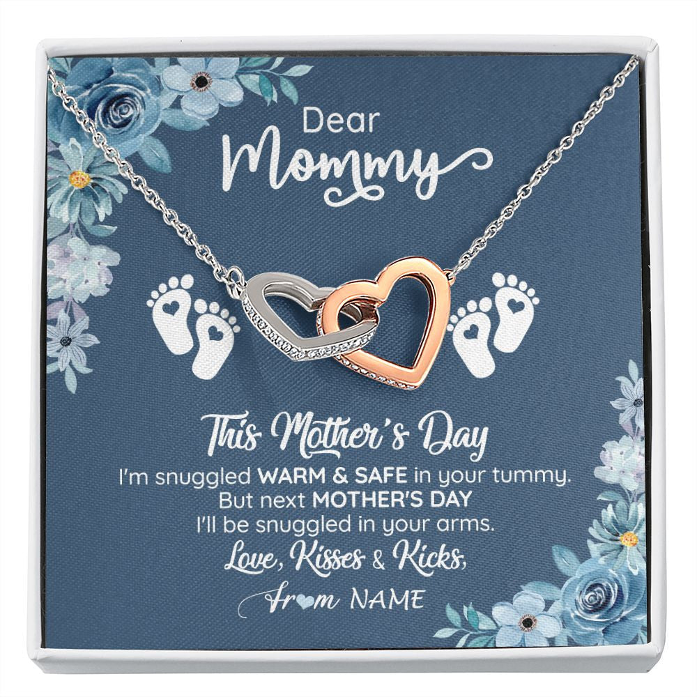 Interlocking Hearts Necklace | Personalized To My Mommy From Your Tummy Necklace Unborn Baby Bump Expecting Mom Pregnant Wife New Mom Mothers Day Customized Gift Box Message Card | teecentury