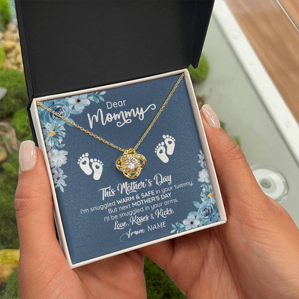 Love Knot Necklace 18K Yellow Gold Finish | 2 | Personalized To My Mommy From Your Tummy Necklace Unborn Baby Bump Expecting Mom Pregnant Wife New Mom Mothers Day Customized Gift Box Message Card | teecentury