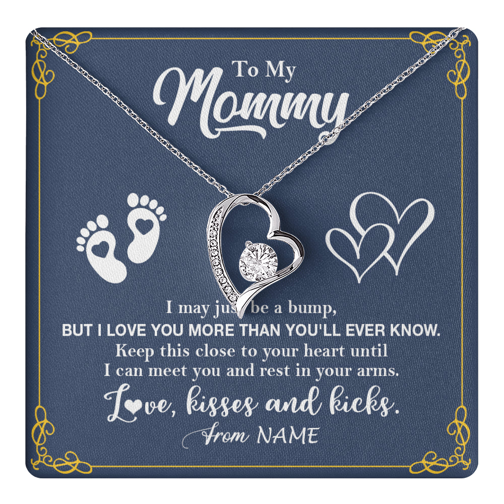 Forever Love Necklace 14K White Gold Finish | 1 | Personalized To My Mommy From Your Tummy Necklace Unborn Baby Bump New Mom Mommy To Be Pregnant Wife First Time Mothers Day Customized Gift Box Message Card | teecentury