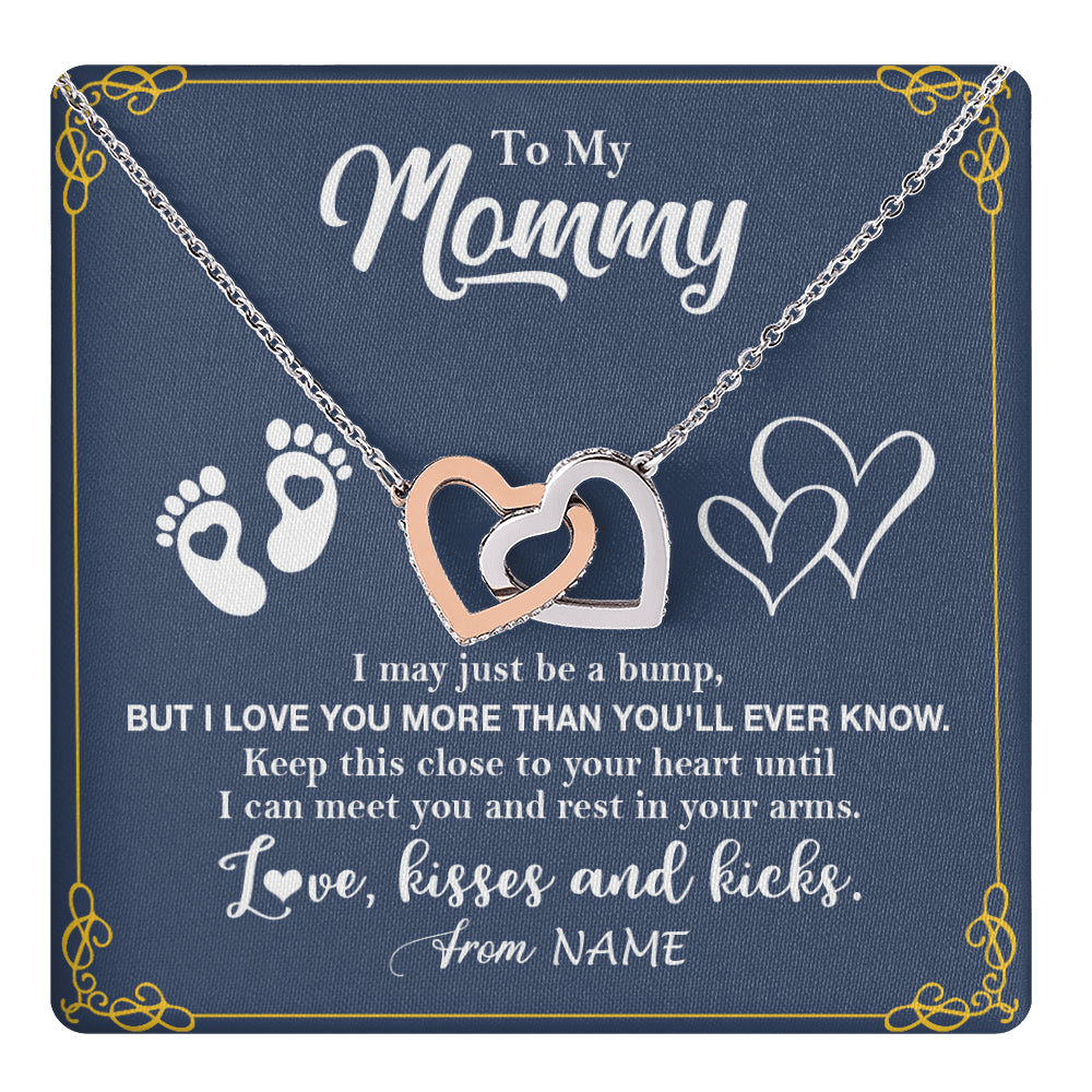 Interlocking Hearts Necklace Stainless Steel & Rose Gold Finish | 1 | Personalized To My Mommy From Your Tummy Necklace Unborn Baby Bump New Mom Mommy To Be Pregnant Wife First Time Mothers Day Customized Gift Box Message Card | teecentury