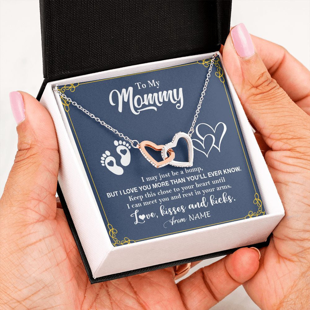 Interlocking Hearts Necklace | Personalized To My Mommy From Your Tummy Necklace Unborn Baby Bump New Mom Mommy To Be Pregnant Wife First Time Mothers Day Customized Gift Box Message Card | teecentury
