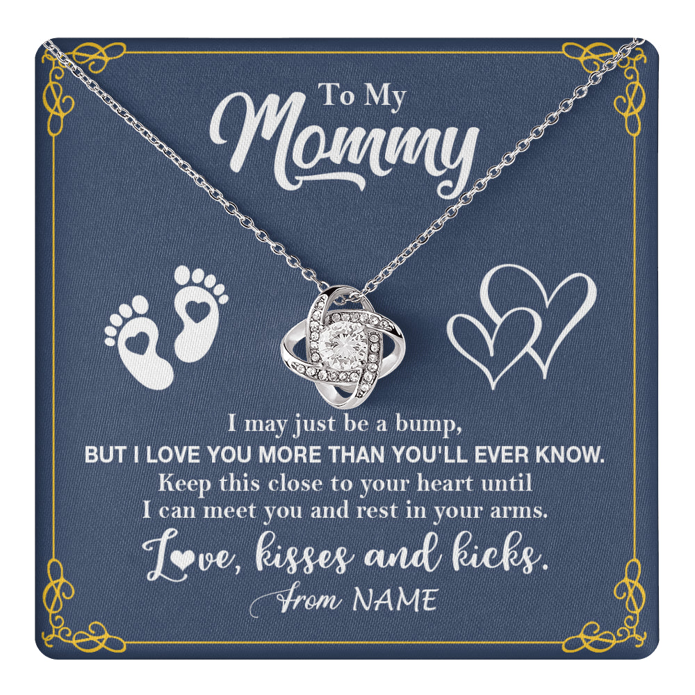 Love Knot Necklace 14K White Gold Finish | 1 | Personalized To My Mommy From Your Tummy Necklace Unborn Baby Bump New Mom Mommy To Be Pregnant Wife First Time Mothers Day Customized Gift Box Message Card | teecentury