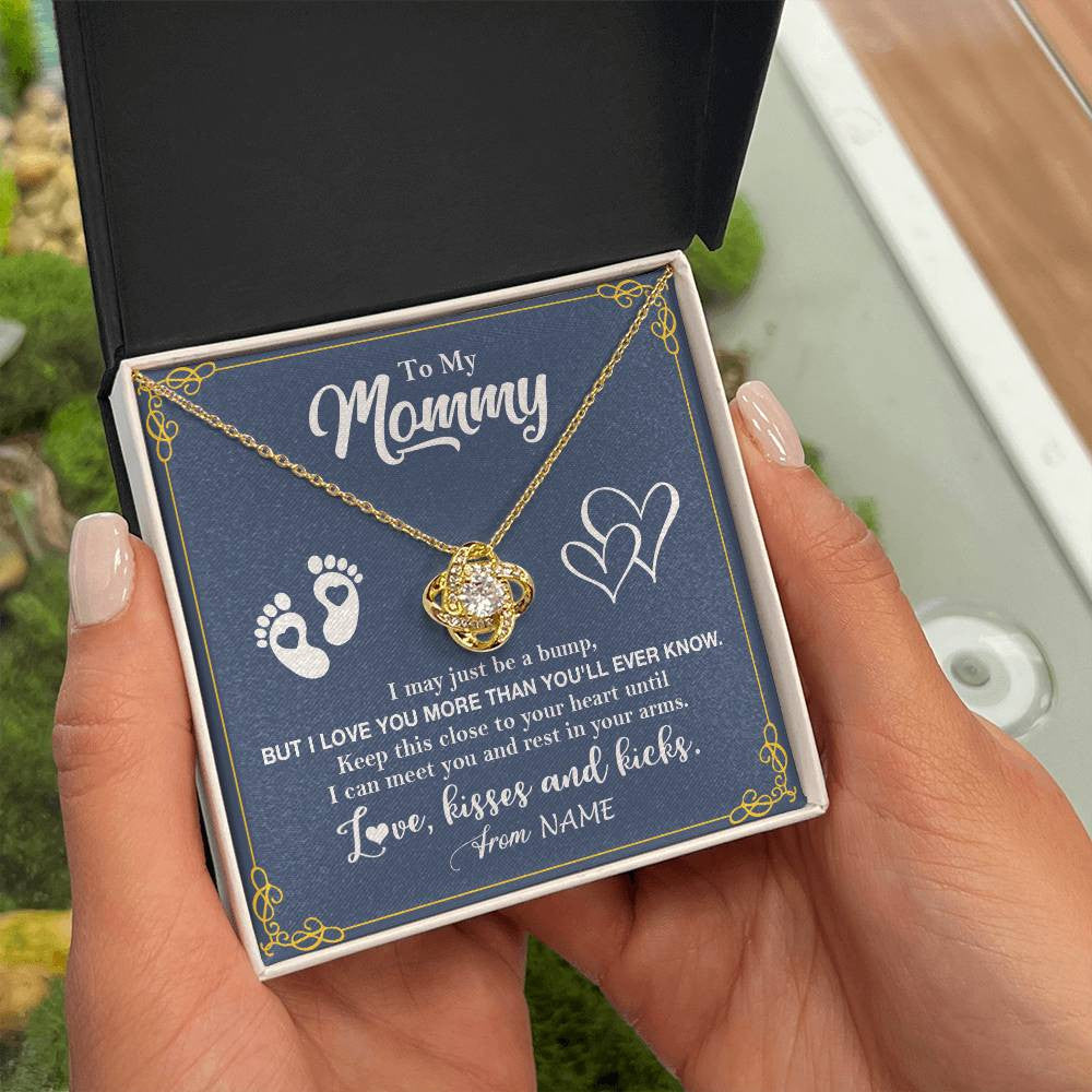 Love Knot Necklace 18K Yellow Gold Finish | 2 | Personalized To My Mommy From Your Tummy Necklace Unborn Baby Bump New Mom Mommy To Be Pregnant Wife First Time Mothers Day Customized Gift Box Message Card | teecentury