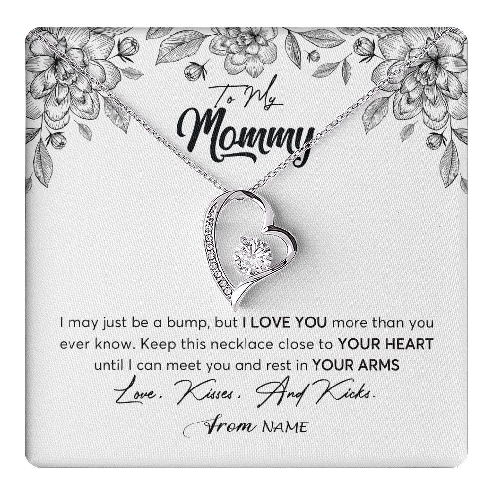 Forever Love Necklace 14K White Gold Finish | 1 | Personalized To My Mommy Necklace Baby Bump Expecting Mom First Time Mom Pregnancy Pregnant New Mom Mother To Be Mothers Day Customized Gift Box Message Card | teecentury