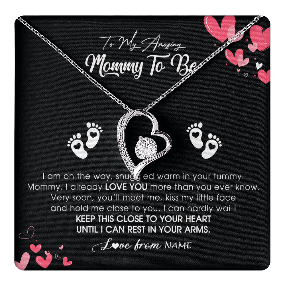 Forever Love Necklace 14K White Gold Finish | 1 | Personalized To My Mommy To Be Necklace Never ending From Baby Bump For First Time Mom Pregnant Happy 1st Mothers Day Jewelry Customized Gift Box Message Card | teecentury