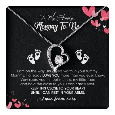 Forever Love Necklace 14K White Gold Finish | 1 | Personalized To My Mommy To Be Necklace Never ending From Baby Bump For First Time Mom Pregnant Happy 1st Mothers Day Jewelry Customized Gift Box Message Card | teecentury