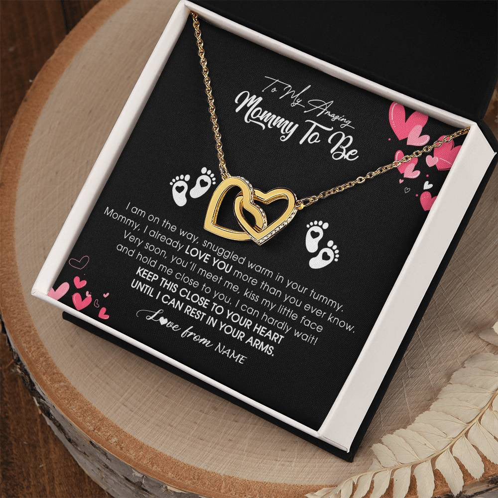 Interlocking Hearts Necklace 18K Yellow Gold Finish | Personalized To My Mommy To Be Necklace Never ending From Baby Bump For First Time Mom Pregnant Happy 1st Mothers Day Jewelry Customized Gift Box Message Card | teecentury