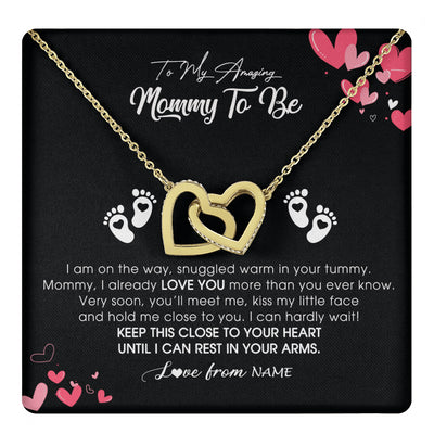 Interlocking Hearts Necklace 18K Yellow Gold Finish | 1 | Personalized To My Mommy To Be Necklace Never ending From Baby Bump For First Time Mom Pregnant Happy 1st Mothers Day Jewelry Customized Gift Box Message Card | teecentury