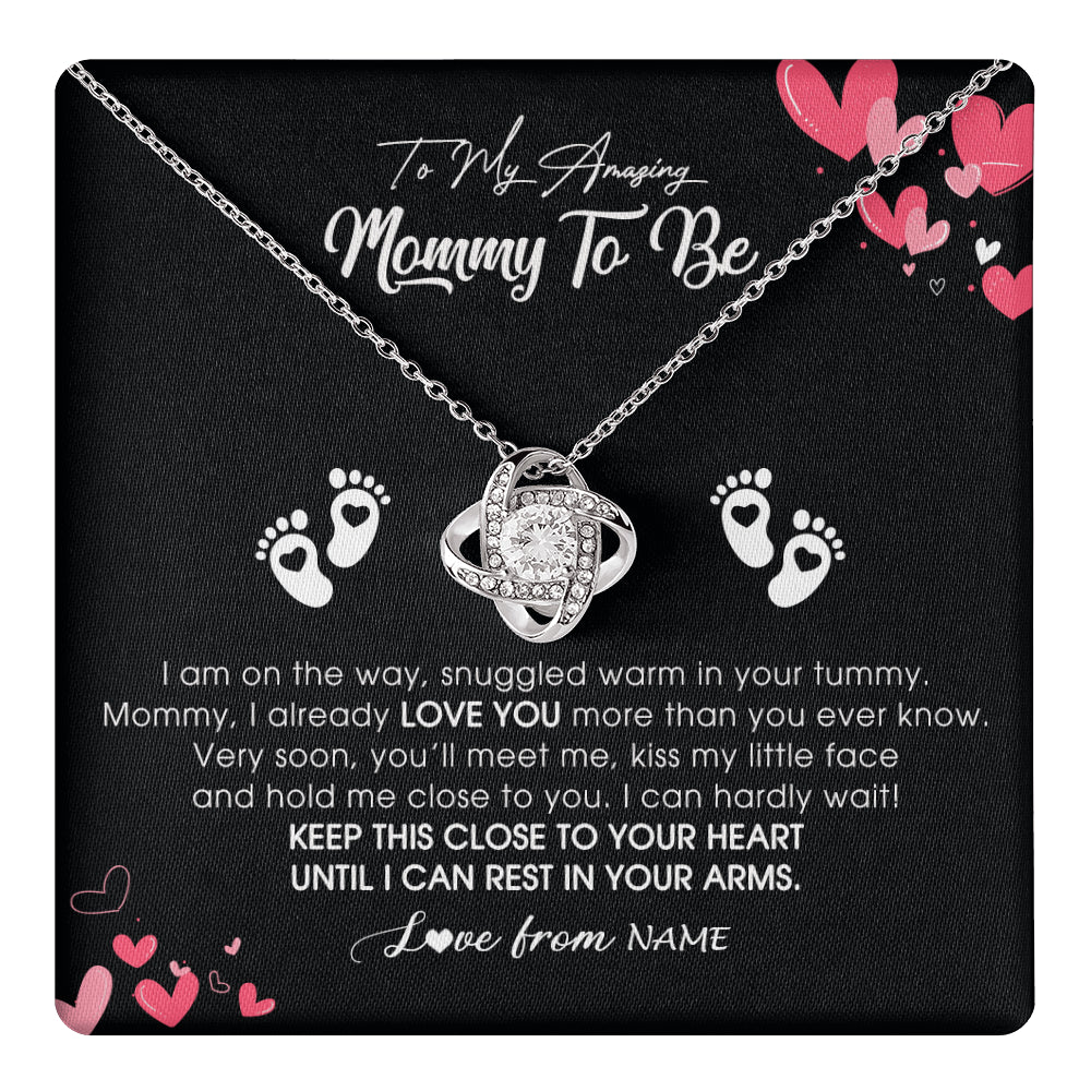 Love Knot Necklace 14K White Gold Finish | 1 | Personalized To My Mommy To Be Necklace Never ending From Baby Bump For First Time Mom Pregnant Happy 1st Mothers Day Jewelry Customized Gift Box Message Card | teecentury