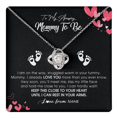 Love Knot Necklace 14K White Gold Finish | 1 | Personalized To My Mommy To Be Necklace Never ending From Baby Bump For First Time Mom Pregnant Happy 1st Mothers Day Jewelry Customized Gift Box Message Card | teecentury