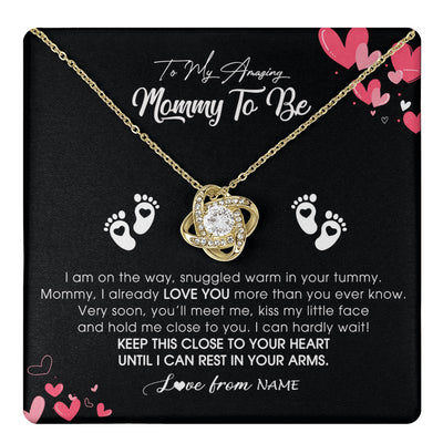Love Knot Necklace 18K Yellow Gold Finish | 1 | Personalized To My Mommy To Be Necklace Never ending From Baby Bump For First Time Mom Pregnant Happy 1st Mothers Day Jewelry Customized Gift Box Message Card | teecentury