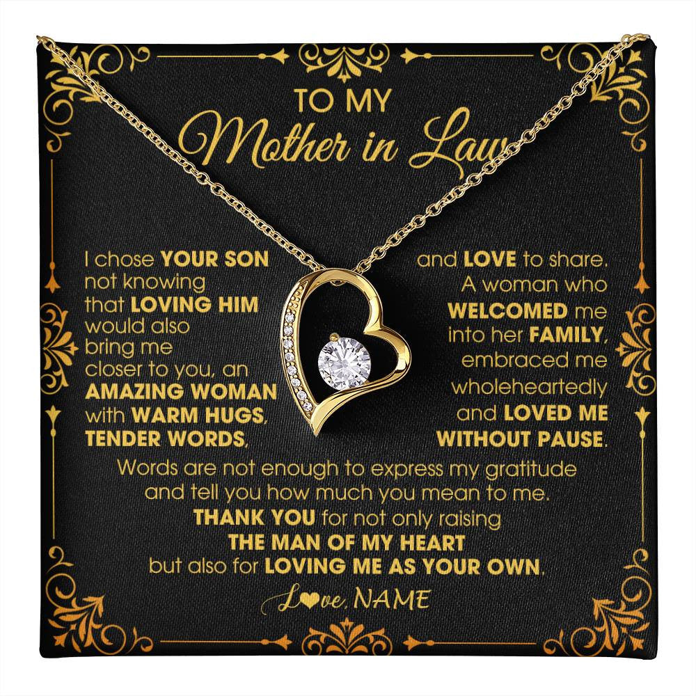 Forever Love Necklace 18K Yellow Gold Finish | 1 | Personalized To My Mother In Law Necklace From Daughter I Chose You Son Mother In Law Mothers Day Birthday Wedding Christmas Customized Gift Box Message Card | teecentury