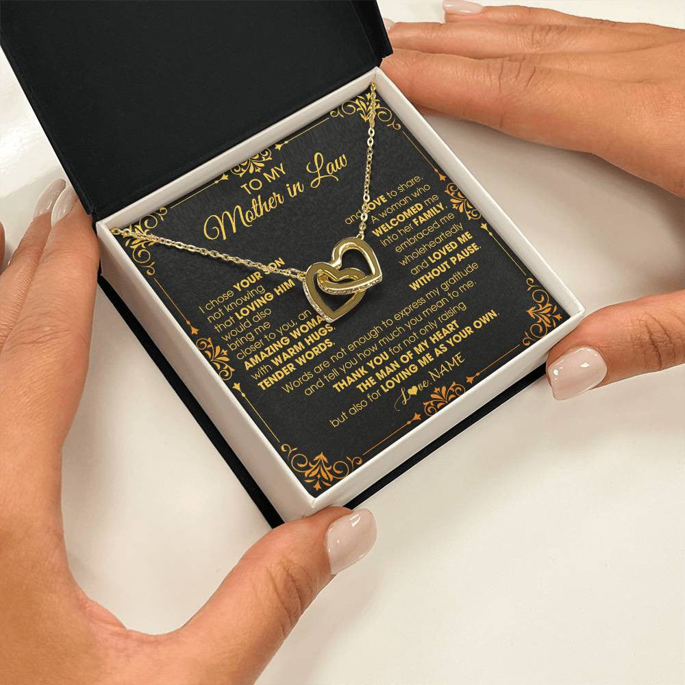 Interlocking Hearts Necklace 18K Yellow Gold Finish | 2 | Personalized To My Mother In Law Necklace From Daughter I Chose You Son Mother In Law Mothers Day Birthday Wedding Christmas Customized Gift Box Message Card | teecentury