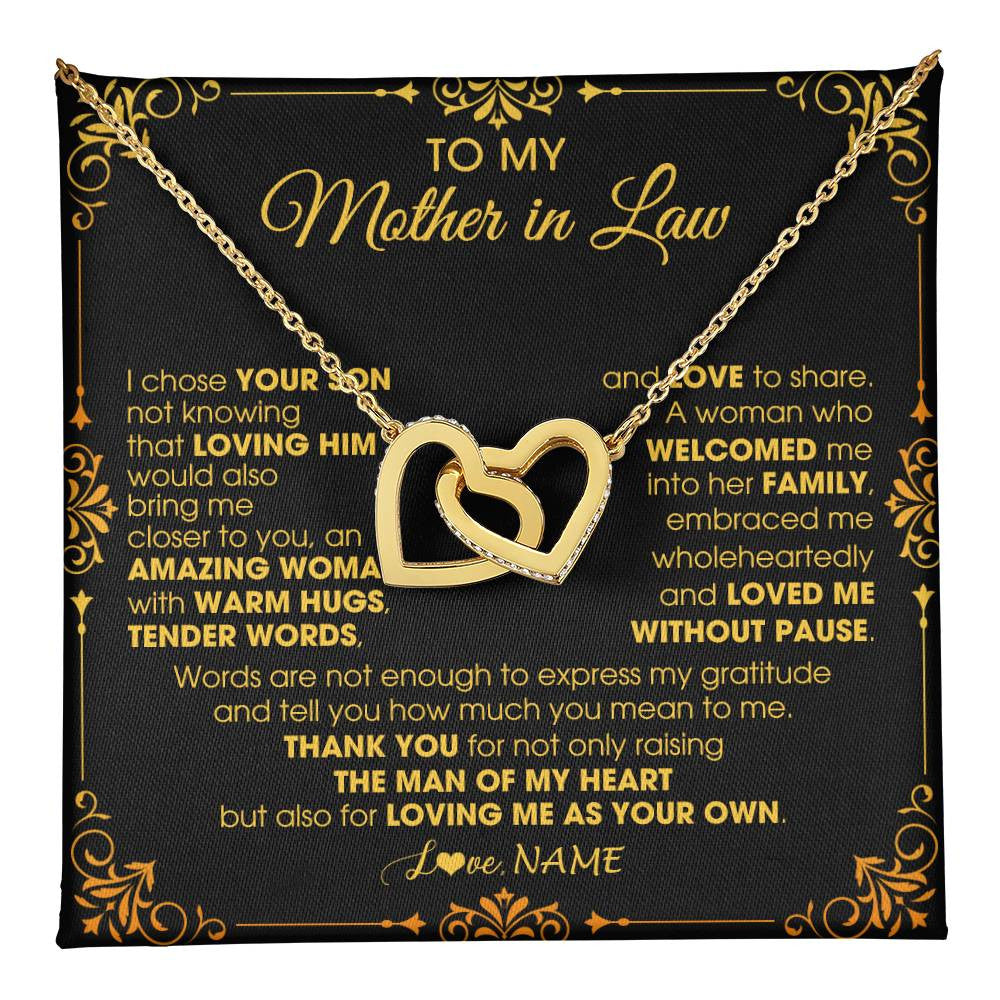 Interlocking Hearts Necklace 18K Yellow Gold Finish | 1 | Personalized To My Mother In Law Necklace From Daughter I Chose You Son Mother In Law Mothers Day Birthday Wedding Christmas Customized Gift Box Message Card | teecentury