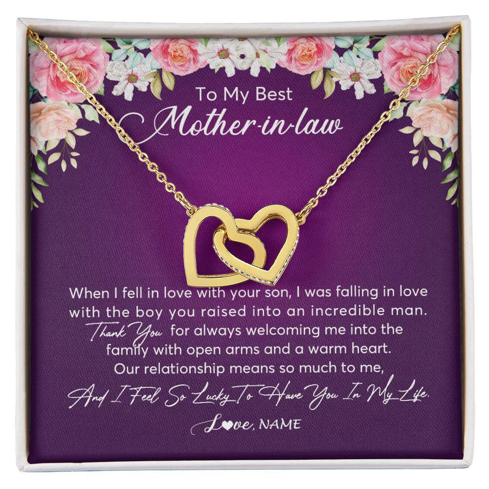 Interlocking Hearts Necklace 18K Yellow Gold Finish | Personalized To My Mother In Law Necklace Thank You Mother In Law Wedding Day Birthday Monthers Day Christmas Jewelry Pendant Customized Gift Box Message Card | teecentury