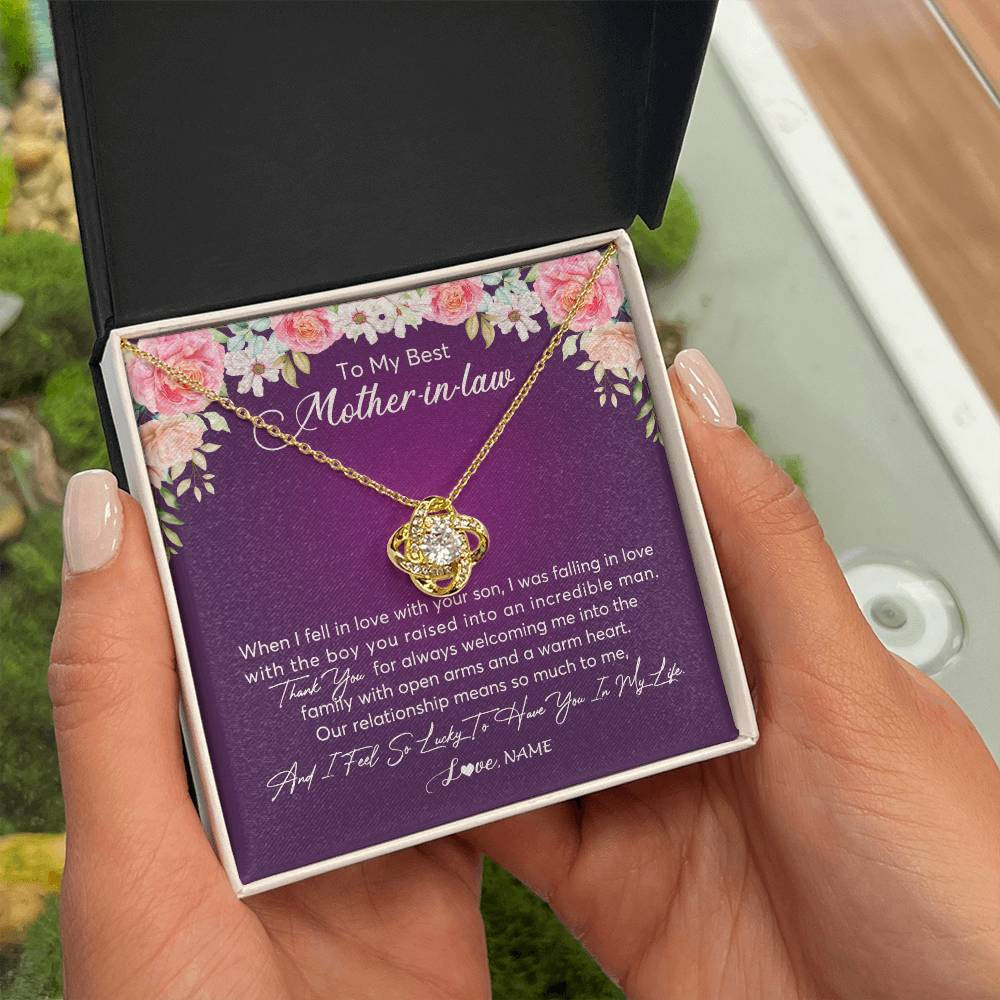 Love Knot Necklace 18K Yellow Gold Finish | Personalized To My Mother In Law Necklace Thank You Mother In Law Wedding Day Birthday Monthers Day Christmas Jewelry Pendant Customized Gift Box Message Card | teecentury