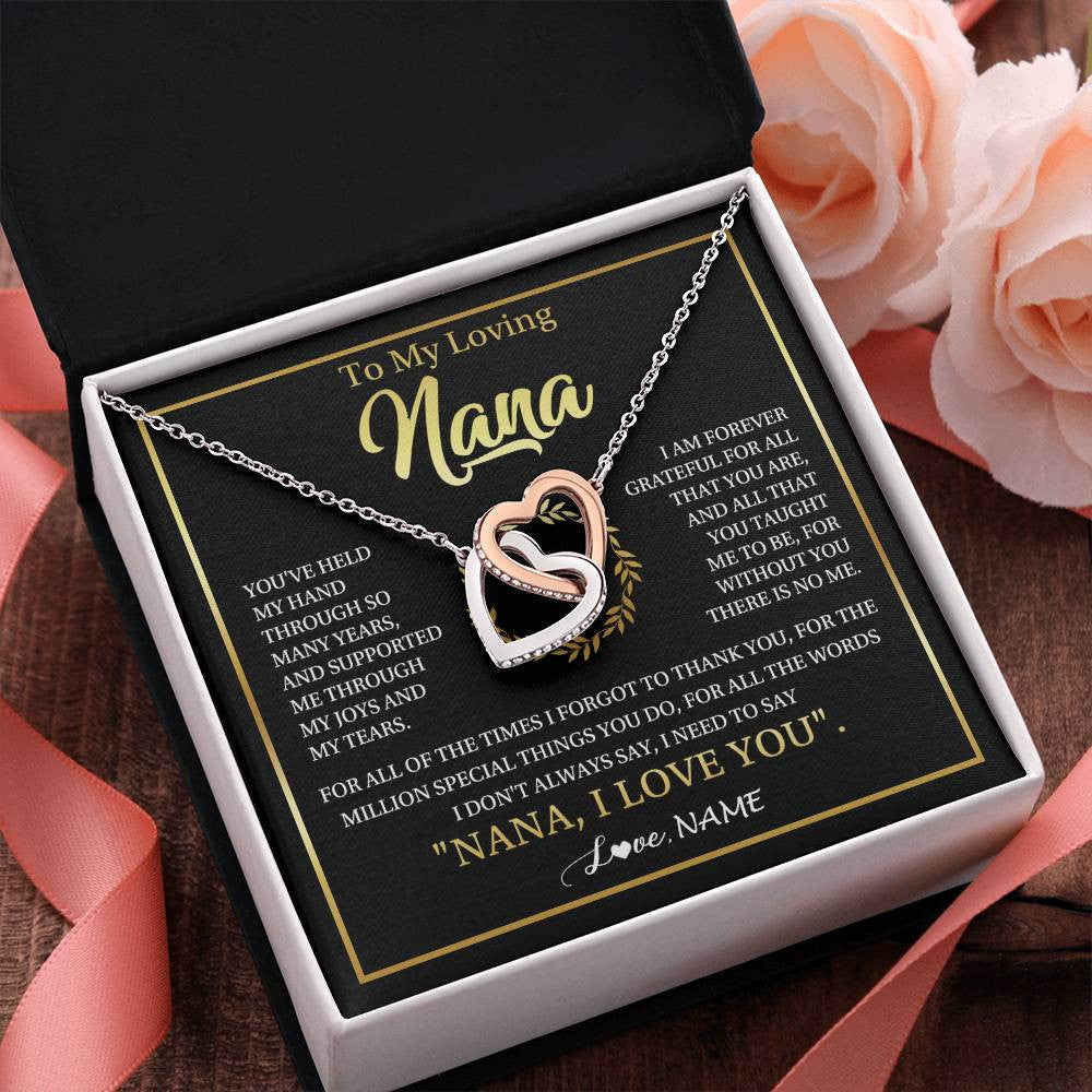 Interlocking Hearts Necklace Stainless Steel & Rose Gold Finish | 2 | Personalized To My Nana Gifts Necklace From Granddaughter Grandson Grateful Thank You Nana Birthday Mothers Day Christmas Customized Gift Box Message Card | teecentury
