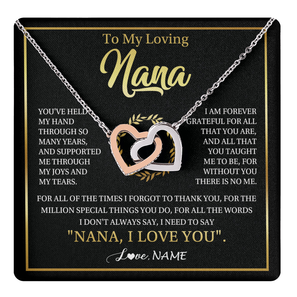 Interlocking Hearts Necklace Stainless Steel & Rose Gold Finish | 1 | Personalized To My Nana Gifts Necklace From Granddaughter Grandson Grateful Thank You Nana Birthday Mothers Day Christmas Customized Gift Box Message Card | teecentury