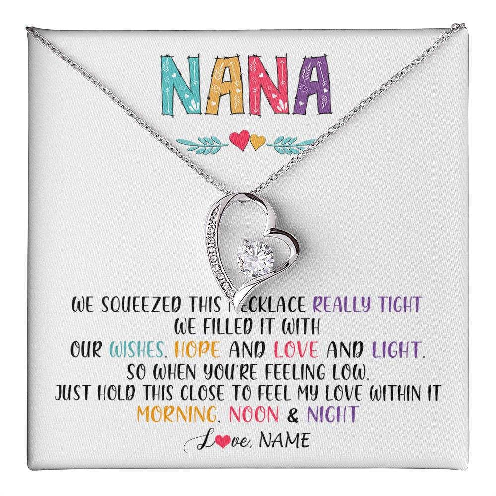 Forever Love Necklace 14K White Gold Finish | 1 | Personalized To My Nana Necklace From Grandkids Granddaughter We Squeezed This Necklace Nana Birthday Mothers Day Christmas Customized Gift Box Message Card | teecentury