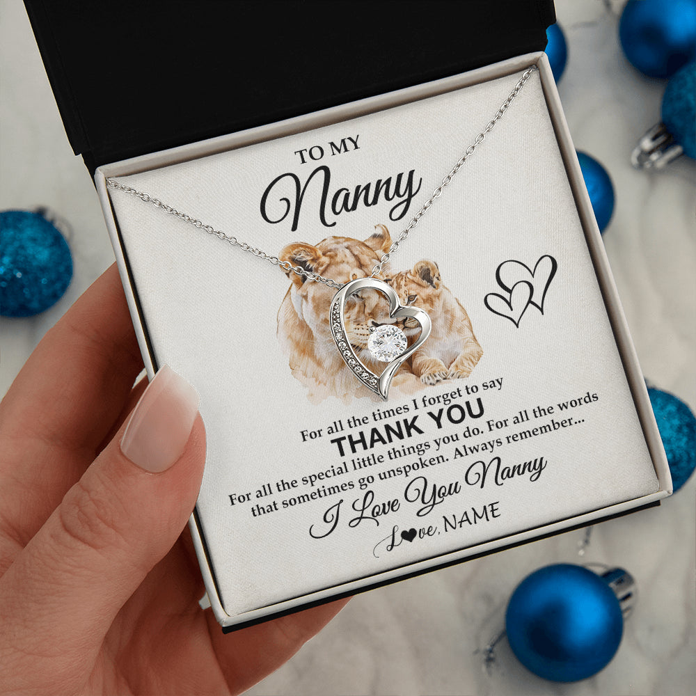 Forever Love Necklace 14K White Gold Finish | 2 | Personalized To My Nanny Necklace From Granddaughter Thank You Lion Nanny Gift For Mothers Day Birthday Gift Christmas For Nanny Gift Box Message Card | teecentury