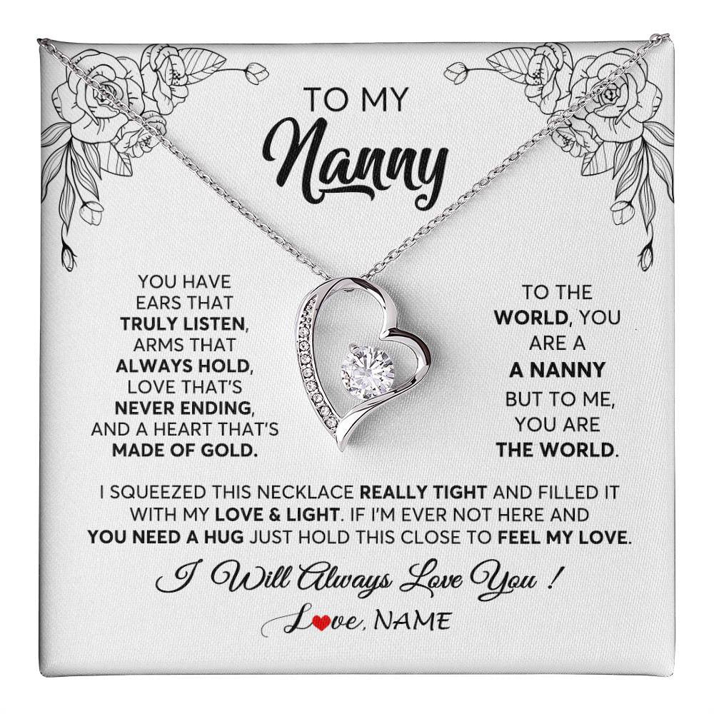 Forever Love Necklace 14K White Gold Finish | 1 | Personalized To My Nanny Necklace From Kids Hold This Close Feel My Love Nanny Birthday Mothers Day Christmas Jewelry Pendant Customized Gift Box Message Card | teecentury