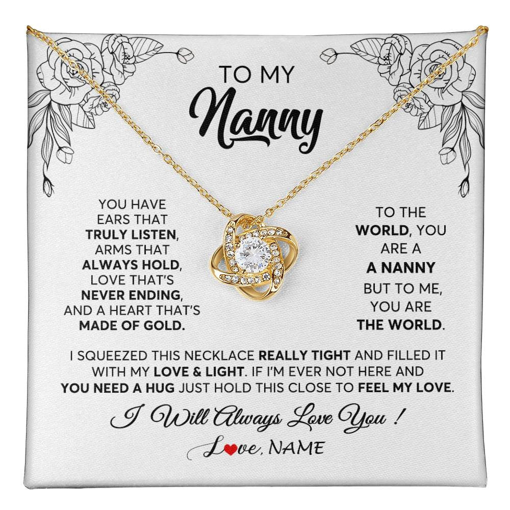 Love Knot Necklace 18K Yellow Gold Finish | 1 | Personalized To My Nanny Necklace From Kids Hold This Close Feel My Love Nanny Birthday Mothers Day Christmas Jewelry Pendant Customized Gift Box Message Card | teecentury