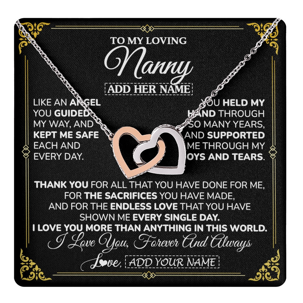Interlocking Hearts Necklace Stainless Steel & Rose Gold Finish | 1 | Personalized To My Nanny Necklace Gifts Meaningful Gift To Nanny From Granddaughter Without You There Is No Me Mothers Day Birthday Gift Box Message Card | https://teecentury.