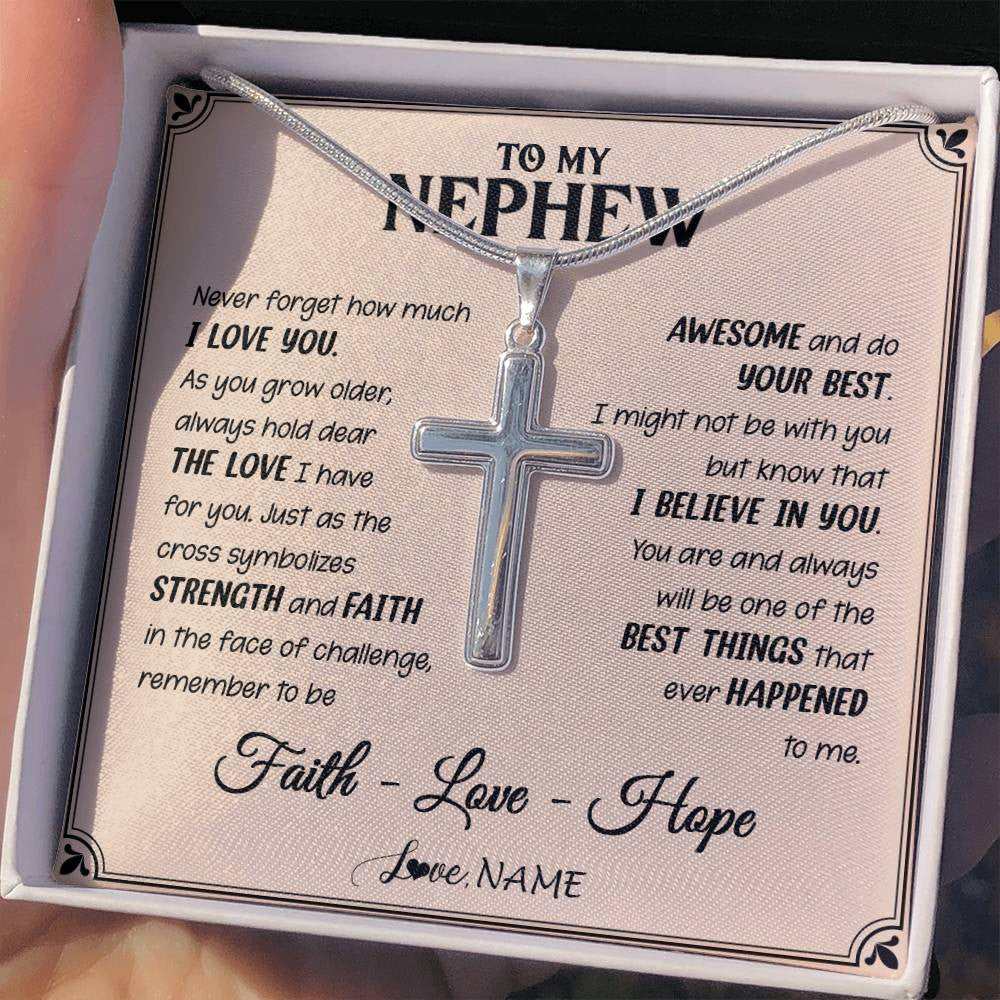 Stainless Cross Necklace Stainless Steel | 2 | Personalized To My Nephew Cross Necklace From Aunt Uncle Strength And Faith Nephew Birthday Christmas New Year Graduation Customized Gift Box Message Card | teecentury