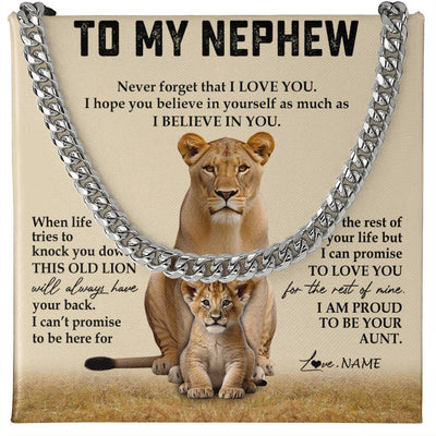 Cuban Link Chain Necklace Stainless Steel | 1 | Personalized To My Nephew Cuban Necklace From Aunt Auntie Never Forget That I Love You Lion Nephew Birthday Christmas Customized Gift Box Message Card | teecentury