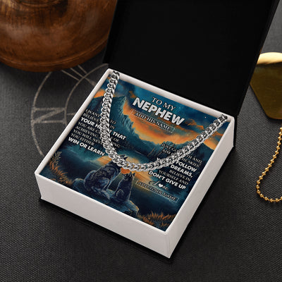 Cuban Link Chain Necklace Stainless Steel | 2 | Personalized To My Nephew Gifts From Aunt Uncle Necklace Don't Give Up Wolf Gifts For Nephew Birthday Graduation Christmas Customized Gift Box Message Card | teecentury